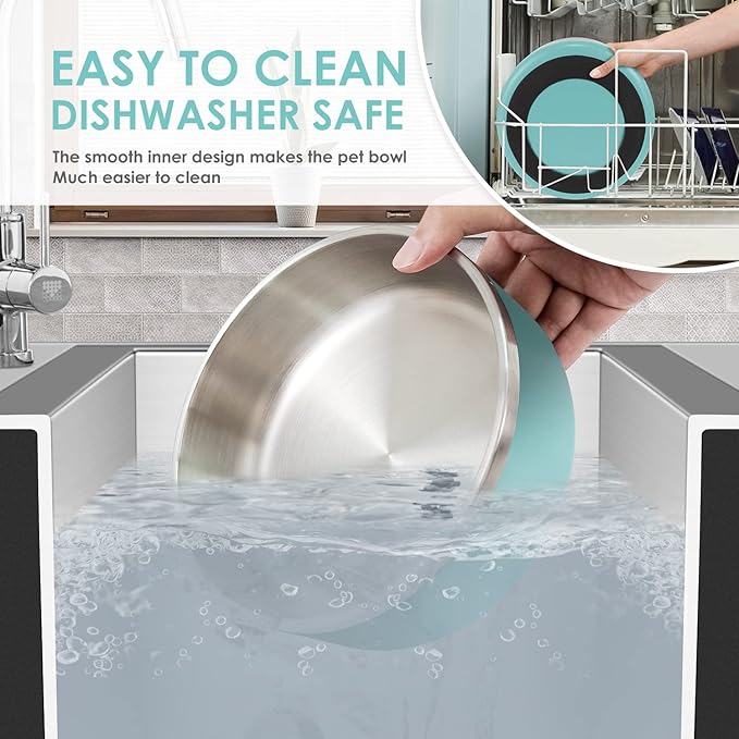 IKITCHEN Dog Bowl for Food and Water, 64 Oz Stainless Steel Pet Feeding Bowl, Durable Non-Skid Double Wall Insulated Heavy Duty with Rubber Bottom for Medium Large Dogs (64 Ounces/8 Cup, MintGreen)