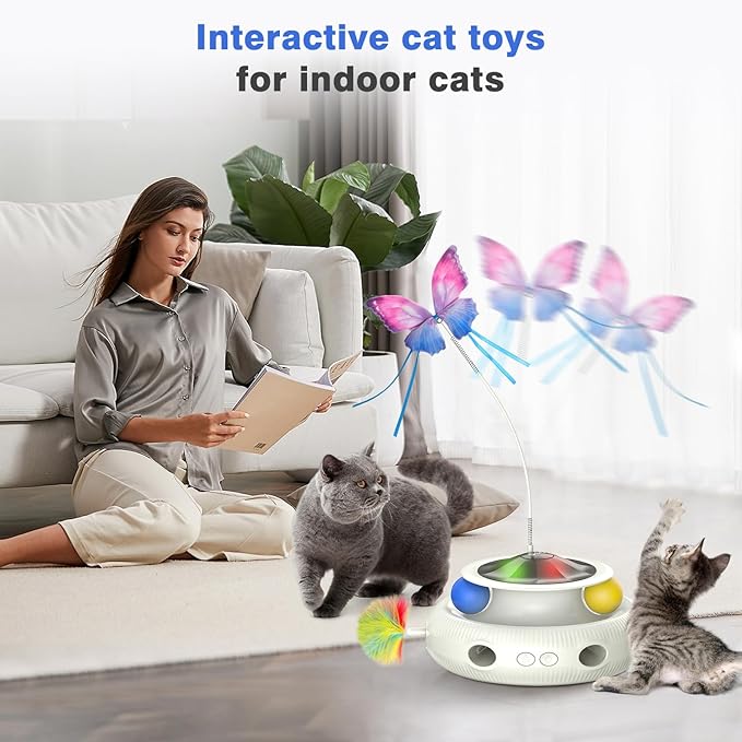 Automatic Interactive Cat Toys for Indoor Cats & Bored Adults - Kitten Toys with Fluttering Butterfly, Ambush Feather & Track Balls - Exercise & Stimulation for Playful Cats (Beige)