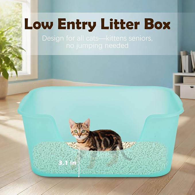 Large Cat Litter Box with High Sides for Indoor Multi Cats,Big Low Entry Cat Litter Pan Kitty Litter Box for Kittens & Senior Cats,Open Top Waterproof Anti-Splashing High Wall Cat Box (Blue)