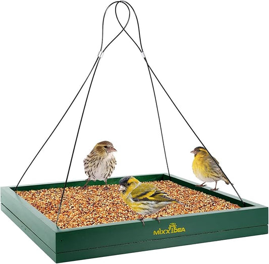 MIXXIDEA Bird Feeder Hanging Tray, Bird Feeders for Outdoors, Wooden Seed Tray Platform Mesh Seed Platform for Garden Yard Outside Decoration Attracting for Wild Birds (Green-1pk)