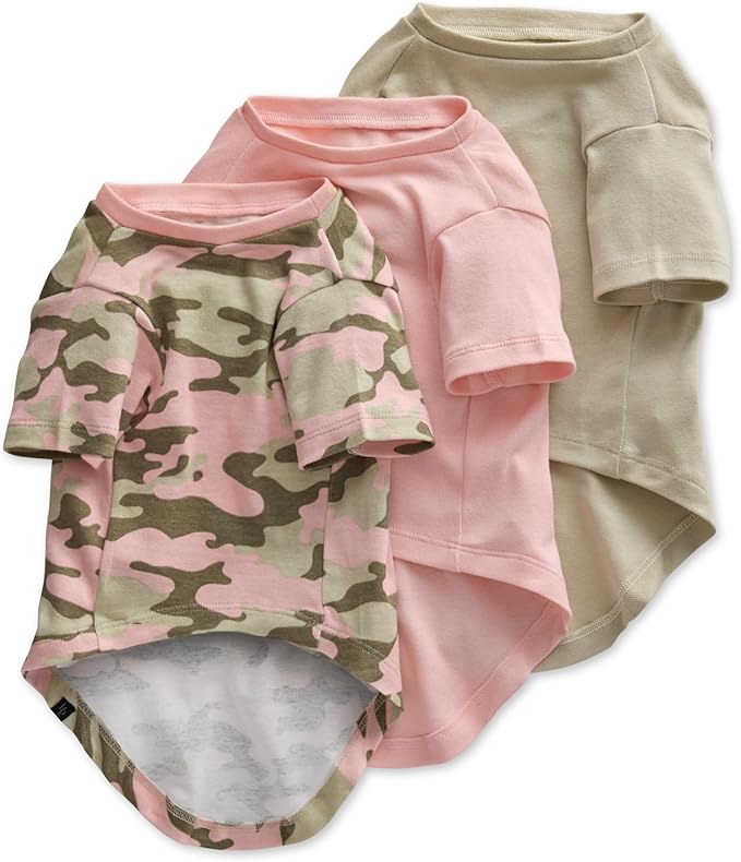 Toby II - The Perfect Tee, 3 Pack Short Sleeve Pet T-Shirt 100% Organic Cotton Tees Clothes for Small, Medium, Large Dogs, Pink Camo, X-Large