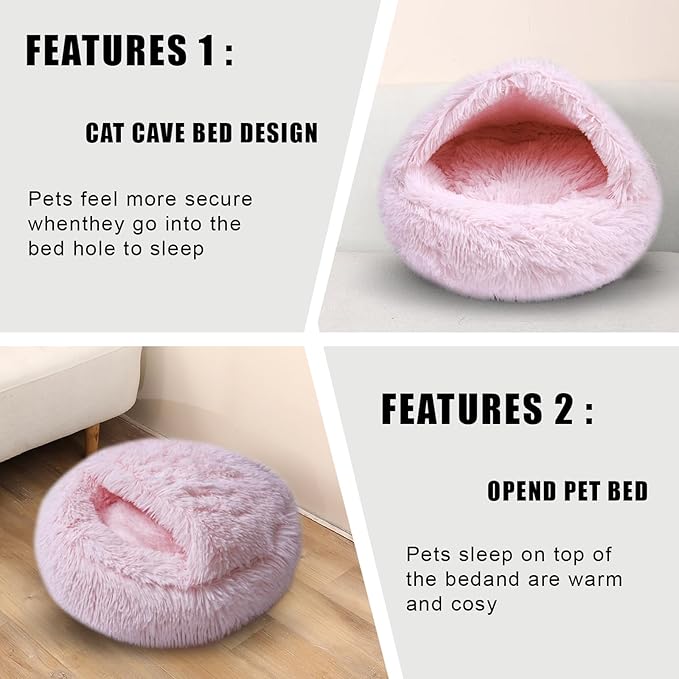 Cat Beds for Indoor Cats,Cat Cave for Puppy and Kitty,Calming Small Dog Bed for Small Dogs with Cover Cave,Cozy Warming Fluffy Washable Anti-Slip Pet Sleeping Bag(20 * 20inch,Light Pink)