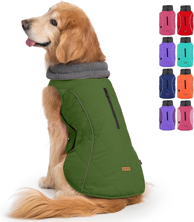 EMUST Winter Coat for Large Dogs, Windproof Dog Jacket for Cold Weather, Extra Warm Pet Winter Clothes for Small Medium Large Dogs, Green, XXL