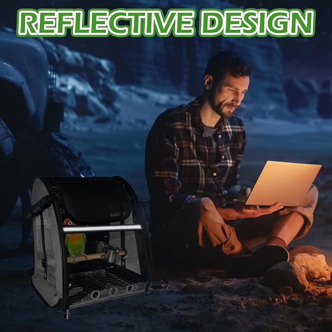 Bird Carrier Bag, Bird Travel Cage with Standing Perch and Indestructible Stainless Steel Mesh, Protable Transparent Breathable Carrier with Feeder Cups for Small Birds Parrot Parakeet, Grey