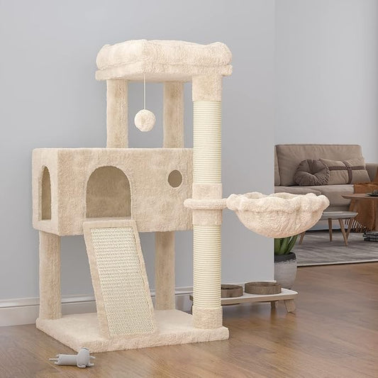 SHA CERLIN Cat Tree 36 Inches Cat Tower with Hammock, Sisal Scratching Post for Indoor Kittens, Small Room, Beige