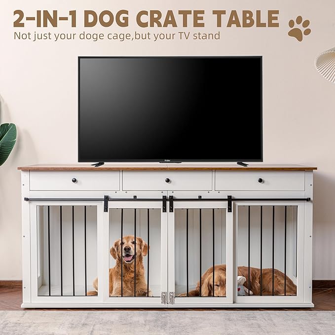 Sunseen Dog Crate Furniture Large Breed Wooden Dog Kennel with Room Divider & 3 Drawer,Double Doors Heavy Duty Dog Crate End Table Indoor TV Stand for Small Medium Large Dog,72''W*24''D*35''H,White