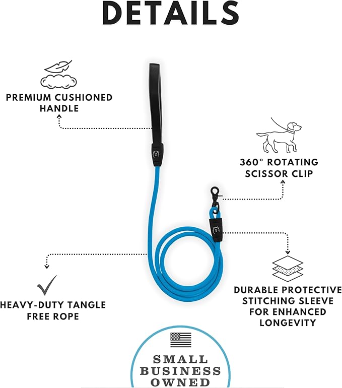 ShawnCo Basecamp Rope Dog Leash- Premium, Durable Pet Leash with Soft Neoprene Padded, Reflective Handle for Small, Medium and Large Dogs (Pacific Blue, 6 Feet)