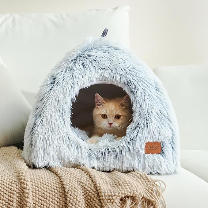 CATISM Cat Beds for Indoor Cats 2 in 1 Cat Bed Cave Machine Washable Fluffy Cat Cave Bed Foldable Non-Slip Washable Cushioned Pillow Soft Plush Premium Cotton Pet Bed for Kittens and Small Dogs Gray L
