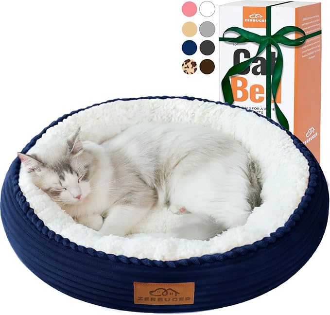 20in Washable Cat Beds for Indoor Cats - Round Donut Pet Bed for Cats, Small Dogs, Puppy, Kitten - Anti-Slip Bottom, Calming Bed Gift - Navy Blue