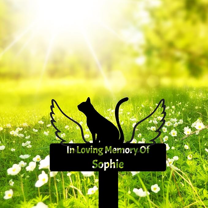 Custom Cat Memorial Stake Metal Grave Marker, Personalized Cat Memorial Grave Marker with Wings, Pet Cat Remembrance Stake Cat Memorial Plaque with Stake, Cat Loss Gift Sympathy Sign