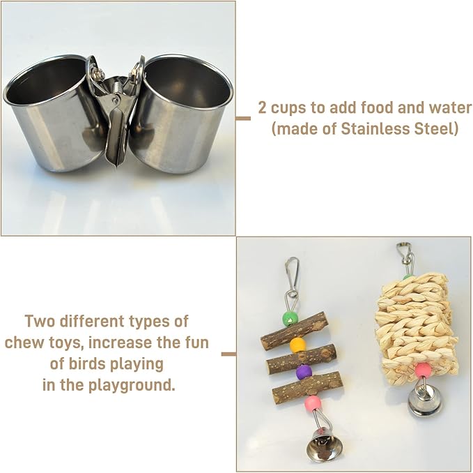Natural Wood Bird Toys Playground, Bird Cage Accessories, Bird Perches, with Removable Tray and 2 Stainless Steel Cups