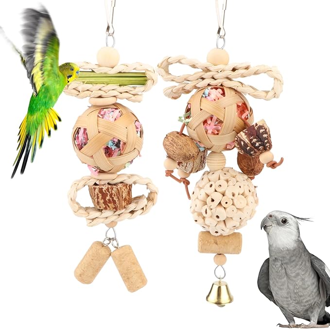 Wontee Bird Toys Colorful Shredding Crinkles Foraging Toys Natural Sola Ball Chew for Cockatiels Conures Parakeets Budgies Senegal (2 Pack)