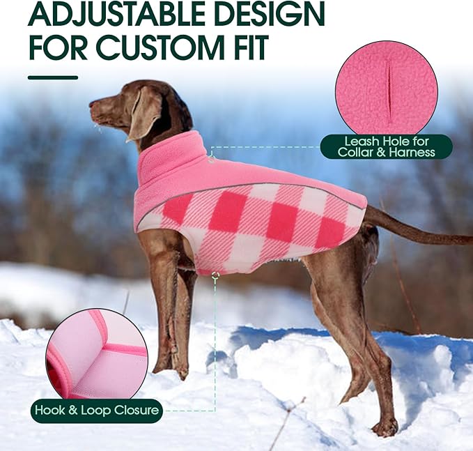 Kuoser Dog Winter Coat, Reversible Waterproof Dog Jacket with Reflective Strip, Warm Dogs Fleece Vest Adjustable Doggy Cold Weather Clothes Plaid Christmas Outfit Pet Apparel for Large Dogs, Pink L