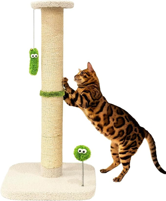 TINYBEAST 34.7" Tall Cat Scratching Post, 3 in 1 Sisal Cat Scratcher, Heavy Duty 4.3" Diameter Cat Tree with Hanging Bell Ball Toy and Reinforced Stable Base for Indoor Adult Cats & Kittens(Beige)