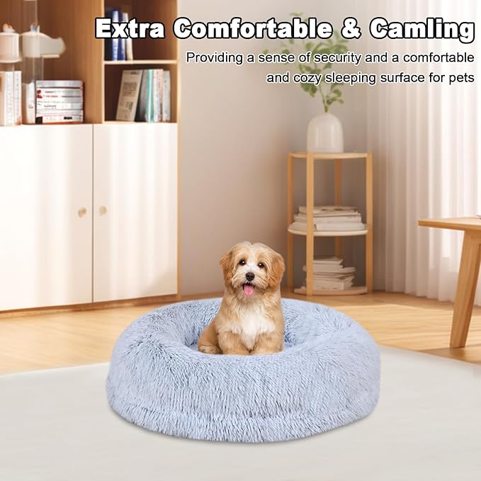 Calming Donut Pet Bed for Cats and Small Dogs, Washable Anti-Anxiety Round Bed with Non-Slip Bottom, [23.62 x 23.62 x 5.9 Inch] Plush Dog Cat Bed for Small Medium Pets (Gray)