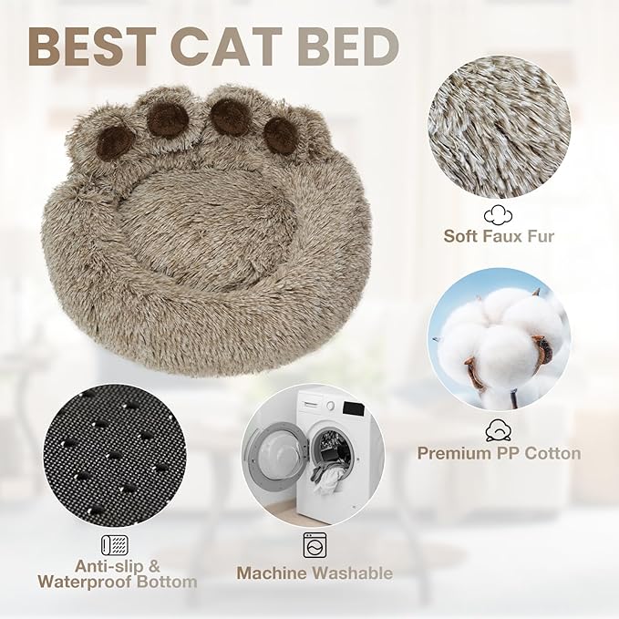 Calming Dog Bed Cat Bed Medium Size Dog - Donut Washable Medium Pet Bed, Warm Kitten Nest 24 inches Anti-Slip Round Fluffy Plush Faux Fur Cat Bed, Fits up to 25 lbs Pets, (Premium Brown)