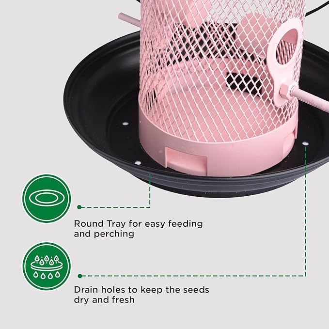 Hanging Metal Mesh Tube Bird Feeder for Wild Birds- Pink I 4 Metal Perches I Durable & Heavy -Duty I Weatherproof, Completely Removable Finch Bird Feeder for Balcony - 2 Lb Capacity