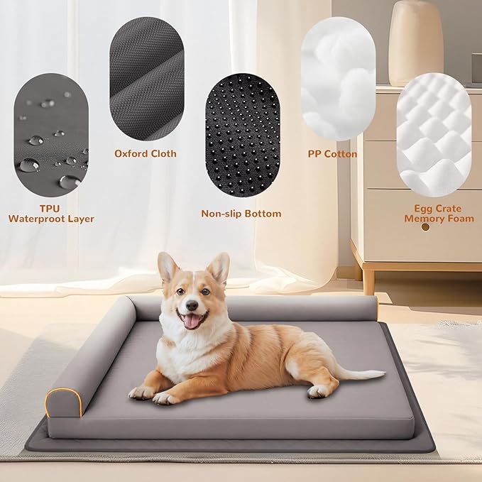 Chew-Proof Dog Bed Medium Size Dog Orthopedic Waterproof Pet Bed Memory Foam with Anti-Slip Mat Washable Dog Couch (Grey)