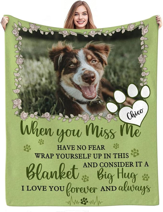Custom Pet Memorial Blanket with Photo,Personalized Dog/Cat Loss Sympathy Gift,Pet Loss Bereavement Remembrance Gifts,Flannel Throw Blanket with Pictures (Light Green)