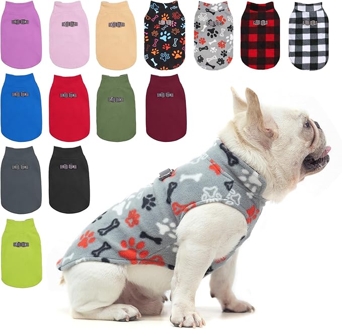 BEAUTYZOO Small Dog Sweater Fleece Vest Winter Jacket, D-Ring Leash Attachment for XS S Puppy Medium Sized Breeds Dogs, Cold Weather Dog Clothes Windproof Keep Warm, Grey Bones Paw XS