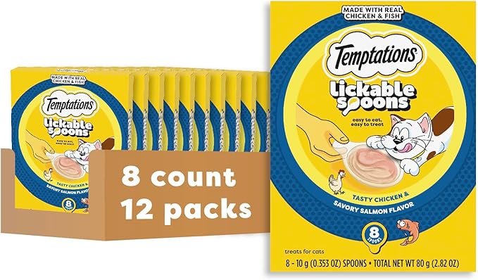 Temptations Lickable Spoons Adult Wet Cat Treat, Tasty Chicken and Savory Salmon Flavor, 8 Spoons, Pack of 12 (96 Total)