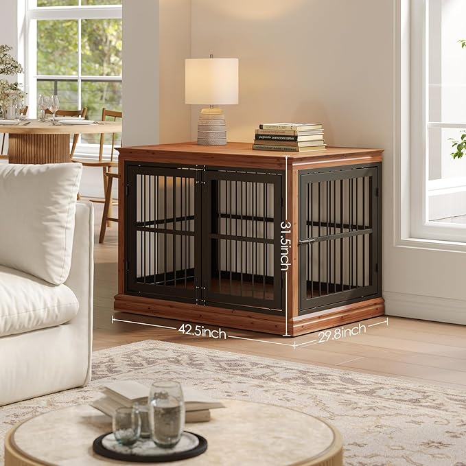 42 in Solid Wood Dog Crate Furniture for Dogs-Dog Kennel Indoor for End Table, Chew-Proof and Silent Latches Design for Large and Medium Dogs, Dog Kennel Furniture-(Brown+Black)