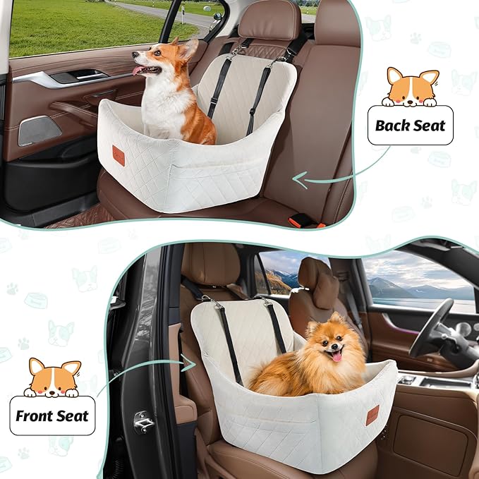 Dog Car Seat for Medium Dogs Up to 35lbs,Easy to Install with Adjustable Straps,Anti-Slip Bottom,Fully Detachable and Washable,Soft Fabric Fill in Memory Foam,2 Side Pockets(Beige,Medium)