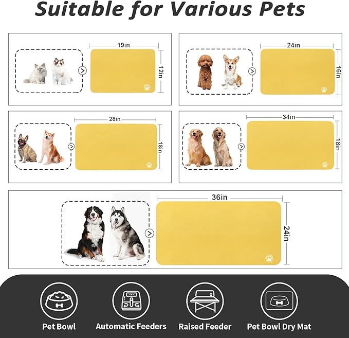 Pet Feeding Mat - Absorbent Dog Mat for Food and Water, No Stains Cat Bowl Mat, Easy to Clean Pet Placemats, Quick Dry Dog Water Dispenser Mat for Messy Drinkers | Paw Yellow 12"x 19"