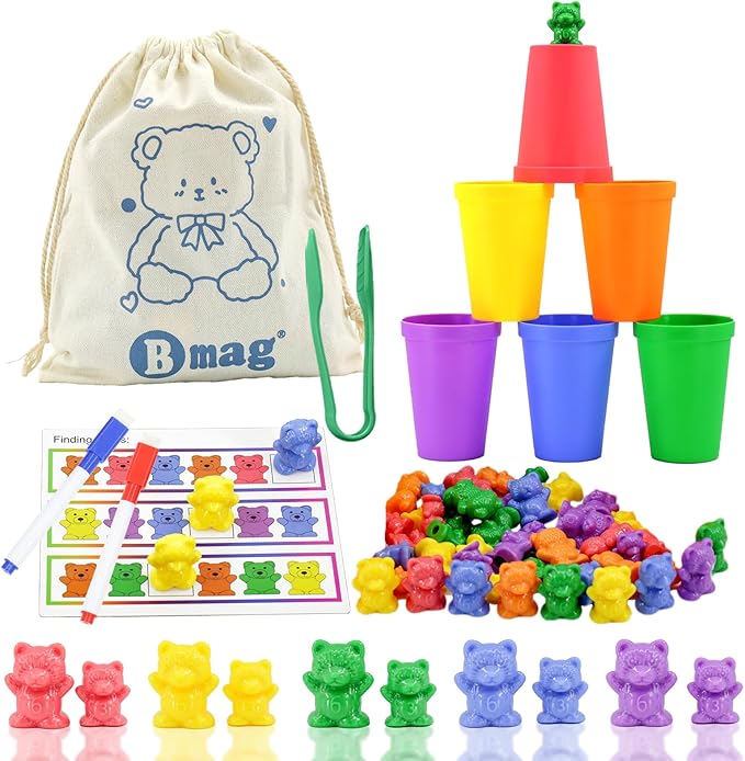 Bmag Counting Bears with Matching Sorting Cups, Preschool Math Learning Game with 24 Big and Little Bears, STEM Educational Learning Activities for Kids Age 3-5