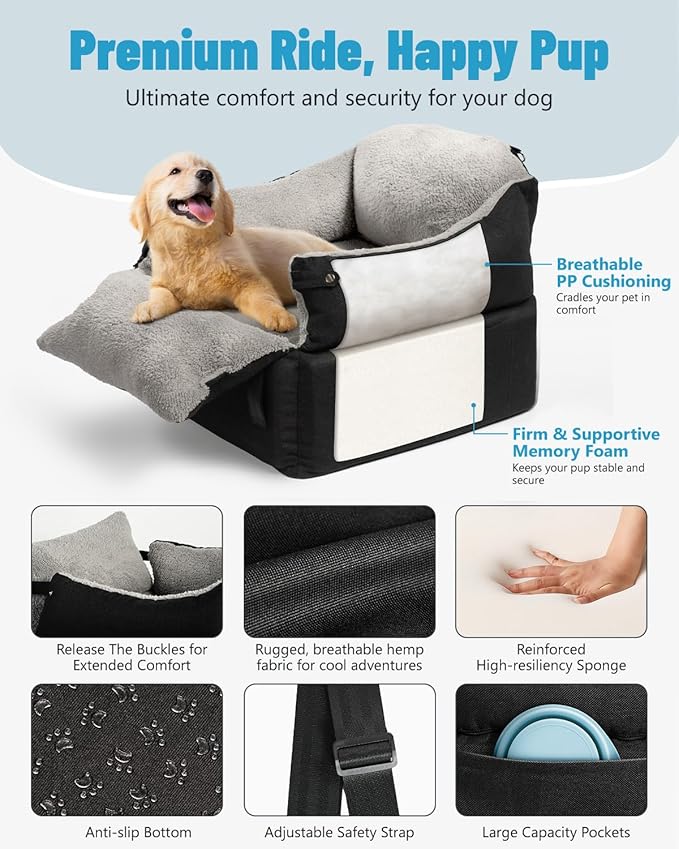 EASTBLUE Dog Car Seat for Small Medium Dogs Up to 35 lbs, Memory Foam Dog Booster Car Seat with Seatbelt, Detachable Washable Pet Carseat for Puppy & Cat, Dogs Travel Bed for Cars (Black/Grey)