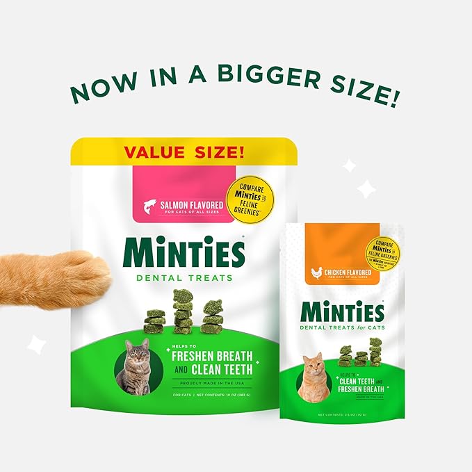 Minties Dental Treats for Cats, Chicken Flavored Treats for Cats, Freshens Breath and Controls Tartar, 10oz (Pack of 2)