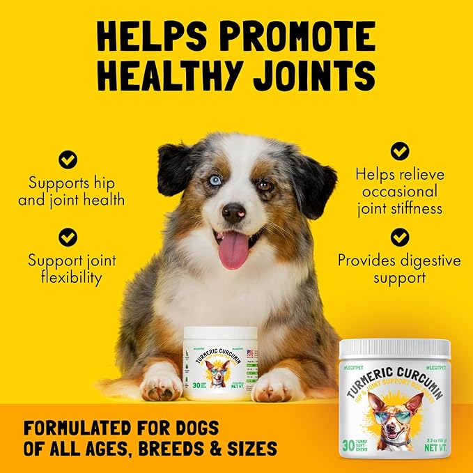 Turmeric Curcumin Hip & Joint Supplement for Dogs – Supports Mobility, Comfort & Overall Wellness – with Collagen & BioPerine – 30 Chews