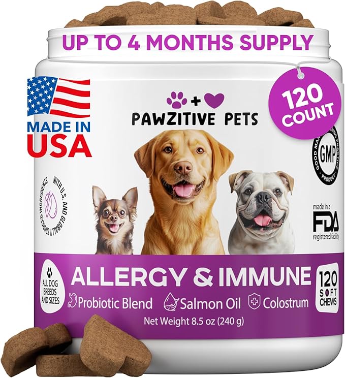 Dog Allergy Relief Chews for Itchy Skin - Seasonal and Food Allergy Chews for Shedding, Licking Paws, Hot Spot, Ears - USA Product - Omega 3 Fish Oil Skin & Coat Supplement - Anti Itch Immune Treats
