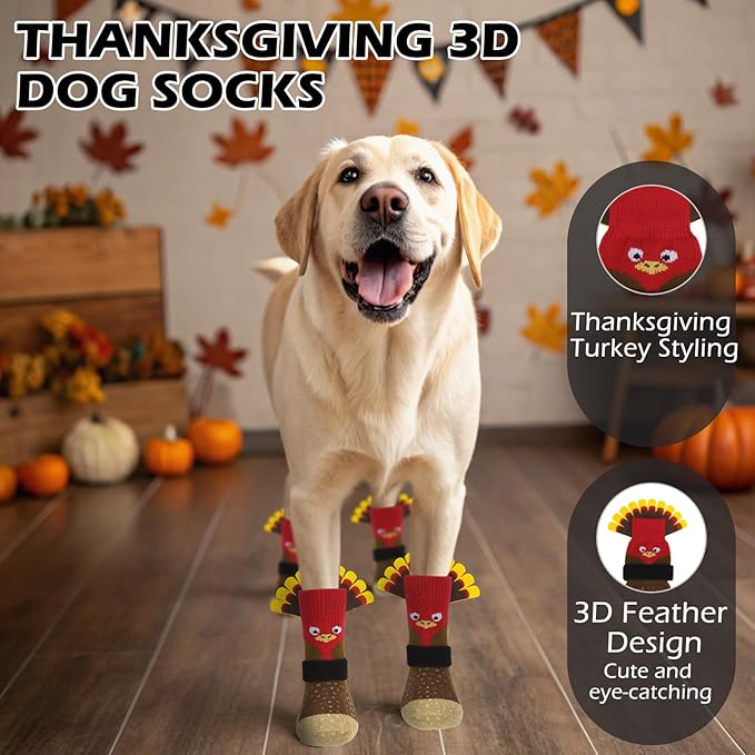 EXPAWLORER Thanksgiving Anti Slip Dog Socks to Prevent Licking Paws,Boots & Paw Protectors with Grippers,Doggie Booties for Hardwood Floors for Small Medium Large Senior Dogs Lifelike Costume Turkey L