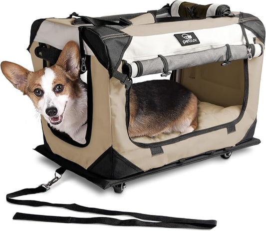 Large Cat Carrier on Wheels & Dog Carrier for 2 Cats or Medium Dog. Rolling, Soft Sided Pet Carrier for Travel. Collapsible, Portable Cat Bag with Soft Bed, Top & Side Loading, Locking Zippers