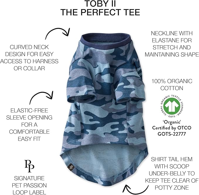 Toby II - The Perfect Tee, 3 Pack Short Sleeve Pet T-Shirt 100% Organic Cotton Tees Clothes for Small, Medium, Large Dogs, Navy Camo, XX-Small