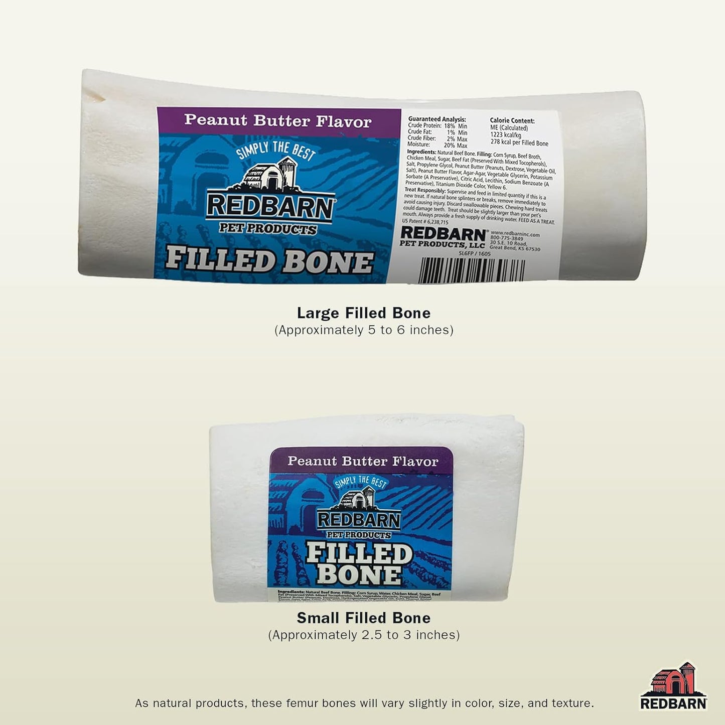 Redbarn Pet Products Large Filled Dog Bones, Peanut Butter Flavor - Long Lasting Stuffed Femur Chew Treat Made in USA - 4 Count - Packaging May Vary