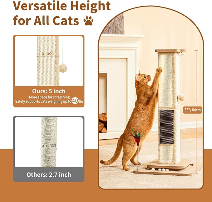 Cat Scratching Post Sisal Scratch Posts for Indoor Cats Adults Tower Cat Scratch Furniture Protector Large Cat Scratcher Kitten Toys Tall 33 Inch