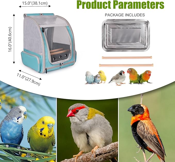 Bird Backpack Carrier Cage for Small to Medium Size, Portable Bird Travel Carrier with Standing Perches and Metal Tray, Vented Carry Transport Bag for Parakeet, Budgie, Conure, Cockatiel, Parrot