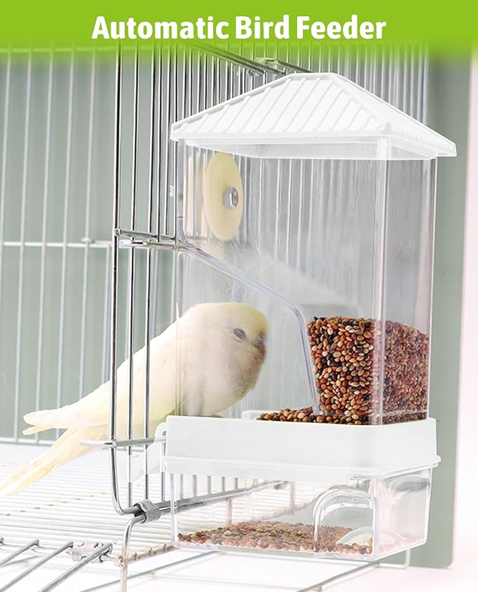 Hamiledyi Automatic Bird Feeder No Mess Bird Cage Feeder Seed Food Container with Perch Transparent Parrot Cage Accessories for Parakeets, Budgies, Cockatoos, Finches, Lovebirds, Canaries (White)