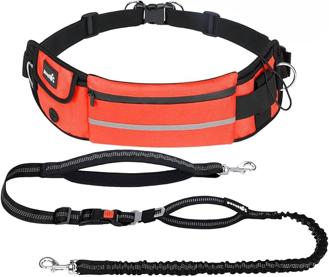 Pecute Dog Leash Hands Free with Pouch, Waist Belt Fanny Pack with Soft Pads, Dual Handles and Durable Bungee for Walking, Dog Seat Belt, Hiking, Running, Training, Orange(Up to 180lbs)