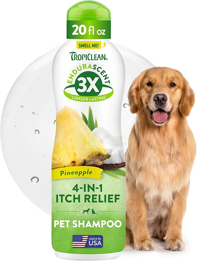 TropiClean Itch Relief Dog Shampoo, Powerful Odor Control, Long-Lasting Pineapple Scent, Puppy Safe, Made in The USA, Cat Friendly, 20oz.
