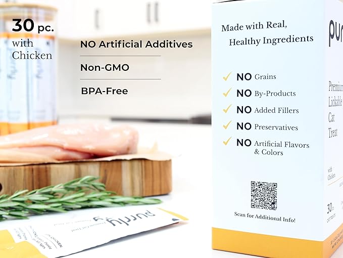 Purrly Lickable Wet Cat Treats Creamy Purée Human-Grade Chicken Breast with Prebiotic and Dietary Fiber for Digestive Health (30 Count) Non-Seafood Non-GMO No-Grains No-Artificial-Additives All Ages