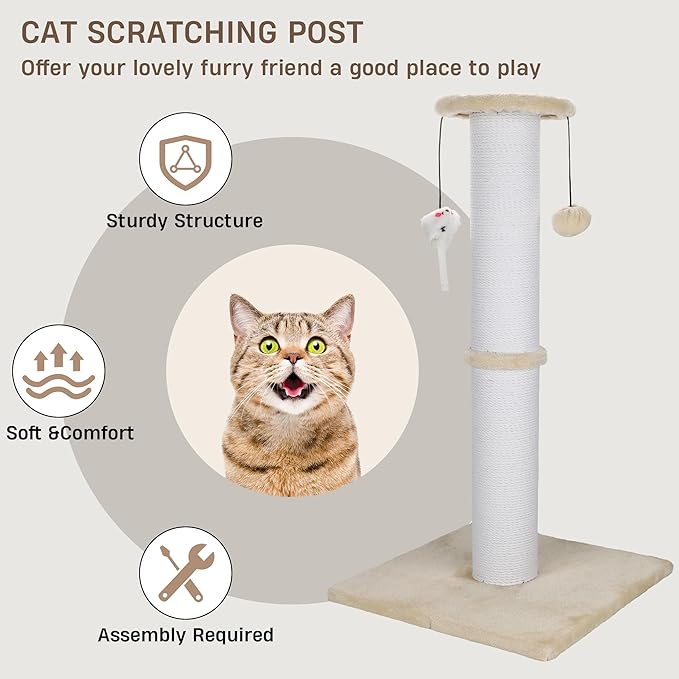 Cat Scratching Post 34 Inches Heavy Duty and Thicker Cat Scratching Post Sisal Rope with Hanging Ball and Mice Scratching Post for Indoor Cats and Adult(Beige)