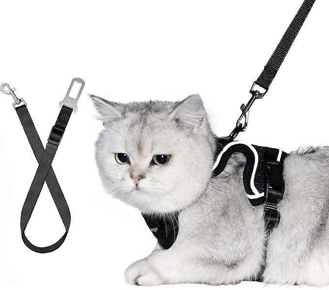 Cat Harness and Leash Set, Cat Car Harness, Soft and Breathable Vest with Reflective Strip, Anti Escape Adjustable Cat Harness, Easy to Wear for Cats Walking and Traveling, Black, M