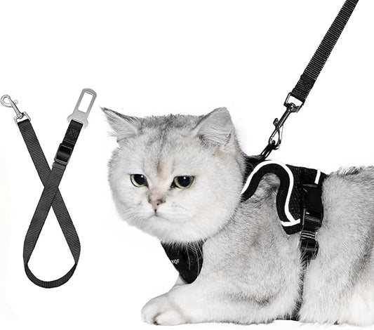 Cat Harness and Leash Set, Cat Car Harness, Soft and Breathable Vest with Reflective Strip, Anti Escape Adjustable Cat Harness, Easy to Wear for Cats Walking and Traveling, Black, M