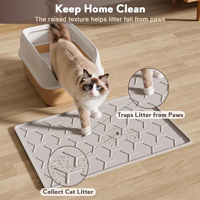 Cat Litter Box Mat, Silicone Kitty Litter Mat, 24" X 16" Waterproof Silicone Pad for Floor, Light Gray