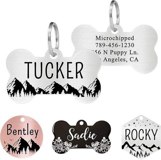 Ultra Joys Stainless Steel Pet ID Tag Dog Name Tags Personalized Front and Back Engraving, Customized Dog Tags and Cat Tag, Optional Engraved on Both Sides, Bone Tag Mountain Design, Silver Large
