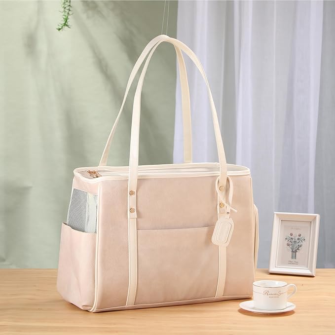 Fashion Dog Carrier Purse, Premium Leather Cat Carrier Bag, Airline Approved Soft Sided Pet Travel Tote Bag with Pockets Beige