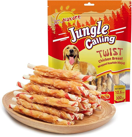 Jungle Calling Dog Treats, Chicken Wrapped Rawhide Chew Sticks - High Protein, Low Fat Dental Chews for Teeth Cleaning & Training Rewards, 10.6oz